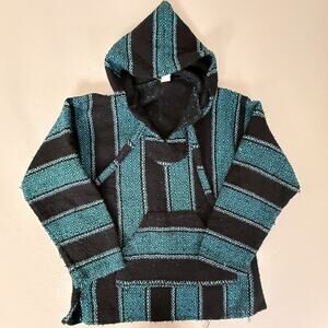 Molina Baja Hoodie Drug Rug Pullover Teal Black Striped Made In Mexico